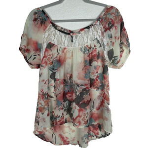 Full Tilt Sheer Womens Sz M chiffon blouse lace Coquette Cottagecore Y2K